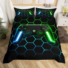 Gaming Duvet Cover Set for Boys, Kids, Game Controller, Luminous, Gamepad, Geometric Honeycomb Pattern, Bedding Set for Gamers, 1 Pillowcase, 135 x 200 cm