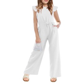 CharmWM Girls Jumpsuit Kids Fashion Cap Sleeve Belted Wide Leg Romper Dressy One Piece Outfits with Pockets