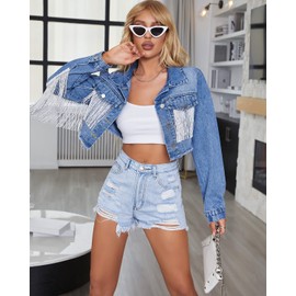 YILANUOYI Women’s Crop Denim Jacket Tassel Casual Jean Coat With Fringe (XS, S107Dark Blue)