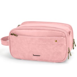 COOSKY Hanging Toiletry Bag for Men and Women, Travel Essentials Toiletries Organizer Dopp Kit, Water-resistant Shaving Case for Makeup Essentials, PU Leather Cosmetic Accessories, Pink, Large, Cute