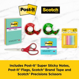 Post-it and Scotch Brand Essentials Pack, Back to School and Office Supplies, Includes Post-it Super Sticky Notes, Flags, Scotch Magic and Super Hold Tape, and Multi-Purpose Scissors
