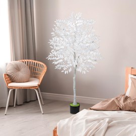 HEOMU 6FT Artificial Ficus Tree, Fake Ficus Tree with Black Pot, Faux Trees Indoor with White Silk Leaves, Tall Fake Plants for Living Room Bedroom Home Office Porch Indoor Outdoor Decor