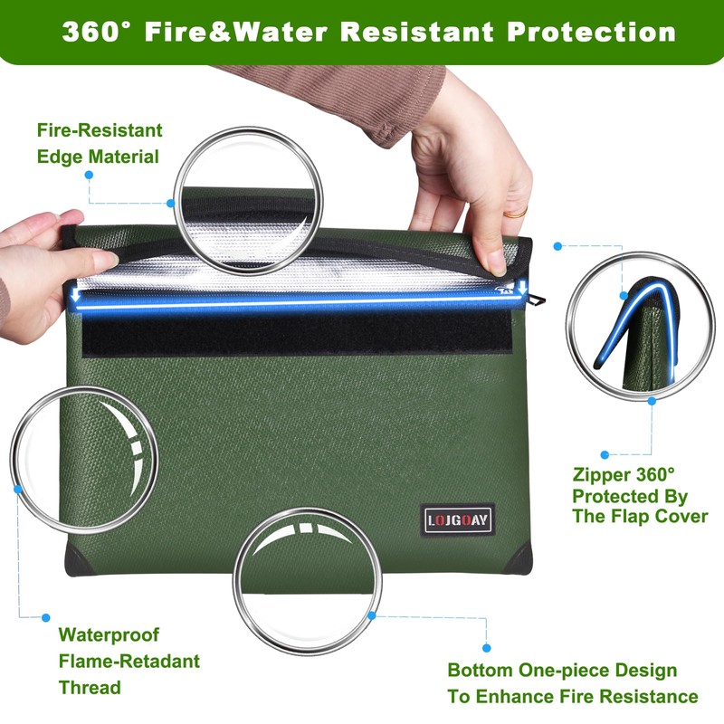 LOJGOAY Fireproof Document Bag - with 5200°F Heat Insulated, Waterproof