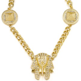 GWOOD Pharaoh and Pyramids Gold Color Pendants with 25 1/2 Inch Long 10mm Wide Cuban Necklace