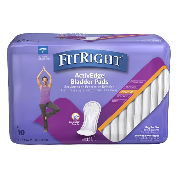 FitRight Incontinence Bladder Control Pads, Maximum Absorbency, 5.5" x 13.75", 10 Count