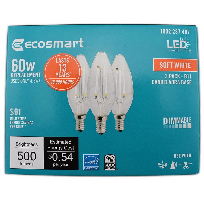 Ecosmart 60W Equivalent Soft White B11 Filament E12 Energy Star