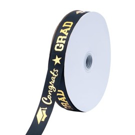Voeveca Graduation Ribbon,100 Yards x 1 Inches Congrats Grad Black&Gold Satin Ribbon Use for Gift Wrapping,Graduation Party Decoration (Black, 1 inch)