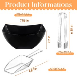 32oz 6 Black Plastic Candy Bowls, 4 Scoops and 4 Tongs Set Square Disposable Plastic Buffet Containers for Chip, Snacks Popcorn Candy Buffet Bar Birthday Party Supplies