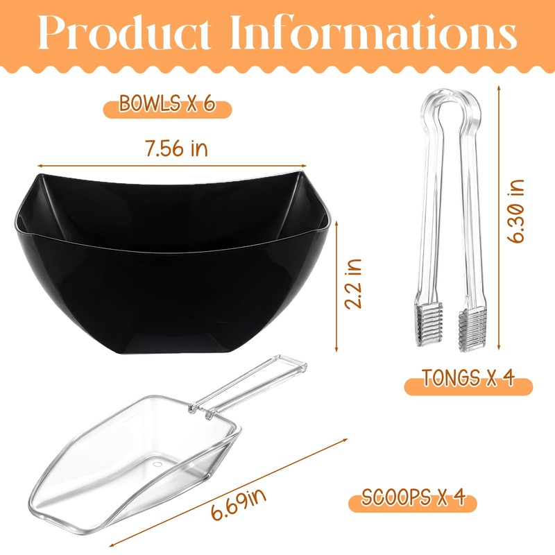 32oz 6 Black Plastic Candy Bowls, 4 Scoops and 4