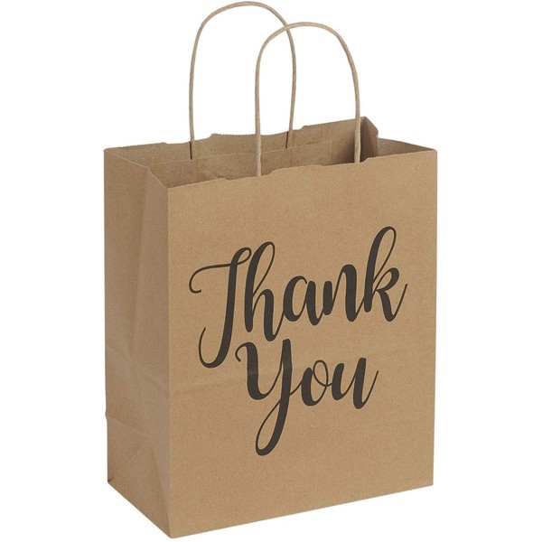 Medium Kraft Thank You Paper Shopping Bags - 8”L x 4¾”D x 10¼”H - Case of 100