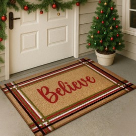 WILLBOND Christmas Coir Doormat Welcome Door Mat 28 x 16 Inch Red and Green Striped Believe Xmas Floor Mat Non Slip Heavy Duty for Xmas Indoor Outdoor Entrance Door Porch Front Decor