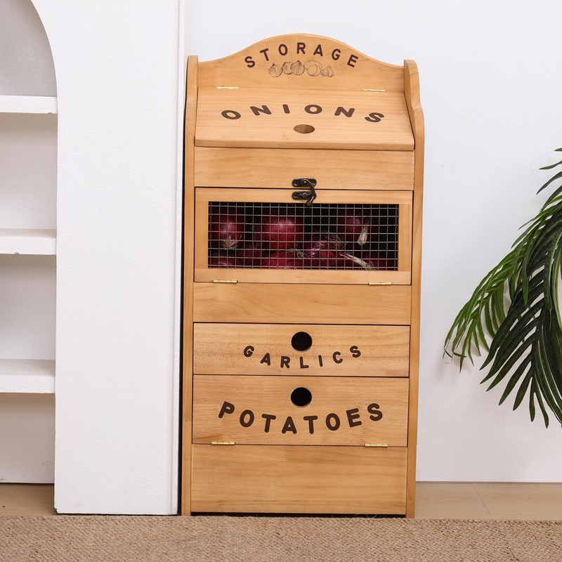 Potato Bin Veggie Organizer Rustic Pine Wood Potato, Onion &
