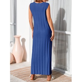 Fisoew Women's Sleeveless Sweater Midi Dress Scoop Neck Loose Fit Ribbed Knitted Dress Casual Solid Tank Top Dresses Navy Blue