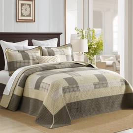 DDUOXIN King Bedspread 120" W x120 L - 100% Cotton Oversized King Quilt with 2 Pillow Shams, Farmhouse Stripe Bedspread Reversible Lightweight Coverlet Set, Beige/Brown/Gray, 3 Piece