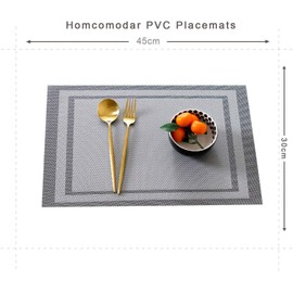 Place mats set of 6,Table Mats Non-slip Heat Resistant Dining Kitchen Table Mats Washable Crossweave Woven Vinyl table mats set of 6 (11.8 in x 17.7 in) (Silver stripes)