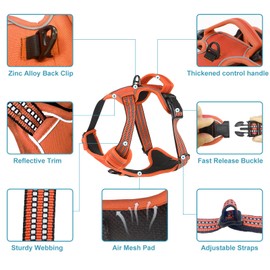 No Pull Dog Harness for Small Medium Large Dogs Adjustable Reflective Pet Vest with Front clip Handle Padded dog harness and lead set best for outdoor Training and walking (S, Orange)