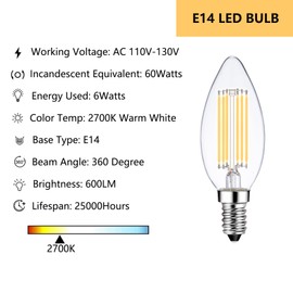 Sunaiony E14 Light Bulbs LED Warm White 2700K 60W Dimmable European Base Chandelier Light Bulbs, E14 Bulb 6W LED Candle Bulb, 6 Pack