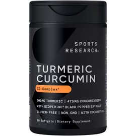 Sports Research® Turmeric Curcumin C3 Complex® w/BioPerine Black Pepper Extract & Organic Coconut Oil - Standardized 95% Curcuminoids · Non-GMO · Gluten Free - 60 Count Softgels