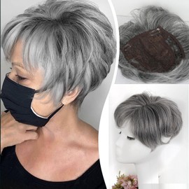 CINHOO Curly Hair Toppers for Women with Thinning Hair 360° 3D Cover Grey Hair Toppers for Thin Hair,Short Pixie Cut Wiggy Toppers Hair Pieces for Women Black mix Silver(T1B/Gray)