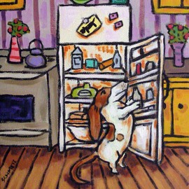 Basset Hound dog raiding the Fridge art tile coaster gift