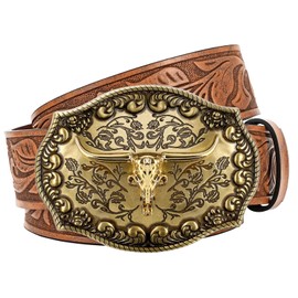 JASGOOD Brown Western Leather Cowboy Belt for Men Women, Adults, Unisex, Size 47''-51'', Embossed Floral Engraved Buckle, Versatile Fashion Lovers