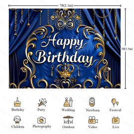 KUKUSOUL 7x5ft Royal Blue and Gold Happy Birthday Backdrop Prince King Crown Photography Background Kids Boys Birthday Party Decoration Photo Props KUBDJ1920