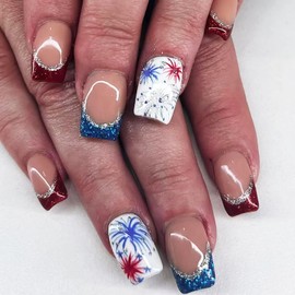 24 Pcs 4th of July French Tip Press on Nails Short Square Independence Day Fake Nails with Red Blue Glitter Fireworks Design Glue on Nails Patriotic Fake Nail Tips Stick on Nails for Women