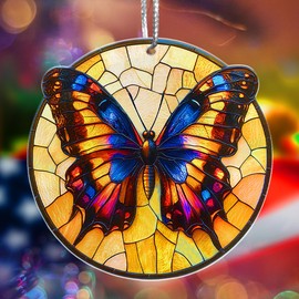 Butterfly Christmas Ornaments 2024 Yellow Suncatcher, Beautiful Stained Glass Effect Gift Exchange Ideas, Gold Butterfly Ornaments For Christmas Tree, Xmas Unique Hanging Tree Decorations For Women