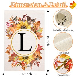 Fall Monogram Letter L Garden Flag Maple Leaves Sunflower Pumpkin 12x18 Inch Double Sided for Outside Family Last Name Initial Yard Flag Seasonal Outside Decoration