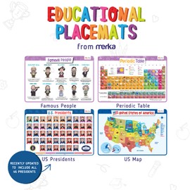 merka Kids Table Placemats Set of 4 Kids Placemats for Dining Tables US Map US Presidents Famous People, and Periodic Table of Elements Set of 4 Reusable