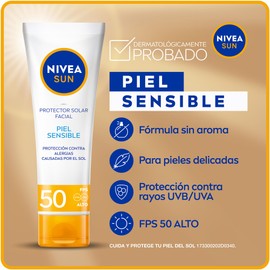NIVEA SUN Protector Solar Facial para Piel Sensible (50 ml), Bloqueador Solar Libre de Aroma con FPS 50+, de Sensación Ligera no Grasoso ni Pegajoso para Piel Sensible