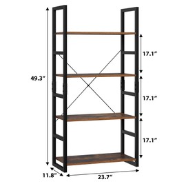 FINETONES Industrial Bookshelf, 4-Tier Shelving Unit for Display, Bookcase, Book Shelf, 11.8" D x 23.3" W x 50.4" H Wood and Metal Book Shelves for Home Office