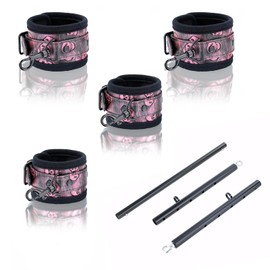 Spreader Bar Heavy Duty Stainless Steel Expandable Black Bar Home Gym with 4pcs PU Black-Pink Adjustable Strap,Sports Aid Training Fitness Gear Pilates Aid Kit,Indoor Yoga Set