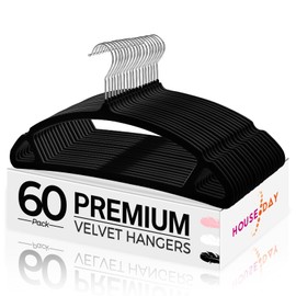 HOUSE DAY Black Velvet Hangers 60 Pack, Luxury Non Slip Felt Hangers, Space Saving Clothes Black Hanger Heavy Duty, No Shoulder Bump Focked Hanger with 360° Swivel Hook for Closet