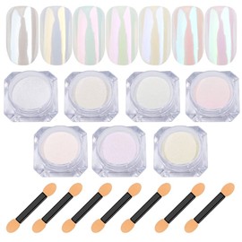 7 Colors Chrome Nail Powder, Iridescent Aurora Metallic Mirror Effect Dip Nail Powder Kit, White Pearl Shell Glitter Nail Art Manicure for Nails,Gel Polish Holographic Mermaid Pigment,Gifts for Women