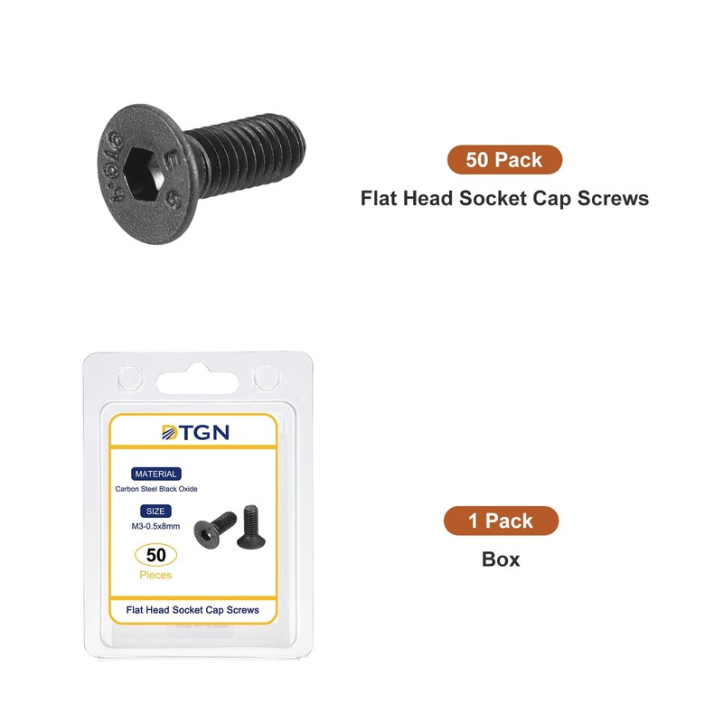 DTGN M3-0.5x8mm Flat Head Socket Cap Screws, 50 Pack Hex