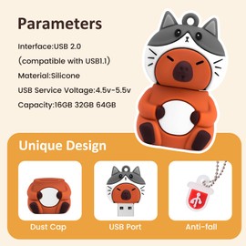 leizhan 32GB USB 2.0 Flash Drive USB Stick Funny and Cute Cartoon Styling Capybara - Kitten Hat