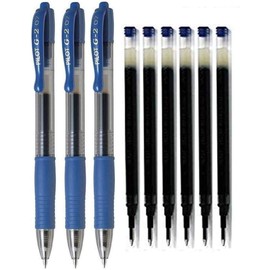 PILOT - 3 Ballpoint Pens BL-G2-7 Retractable Gel Ink + 6 Refills (Blue)