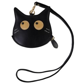 Andiker Coin Purse with 40 CM Neck Cord, Cute Cat Shape Small Wallet with Zipper Closure, Lightweight and Portable Soft PU Leather Ladies Purse for Women Daily Use (Black)