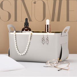 SINOWE Decorative Faux Leather Basket,Small Catchall Basket for Entryway Bedside Dresser End table,Collapsible Rectangle Tray Organizer Box (Light Grey)