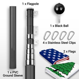 G128 Combo Pack: 20 Ft Telescoping Aluminum Flagpole (Black) & American and An Appeal To Heaven Flags 3x5 Ft, Both ToughWeave Series Embroidered Polyester | Pole with Flags Included