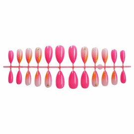 MISUD Press on Nails - Medium Almond Glue on Nails with Pink Orange, Acrylic Summer Ombre Design 24 pcs