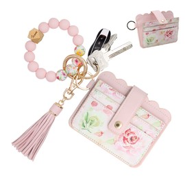 TSNSOEEO Keychain Wallet Wristlet RFID Small Credit Card Holder Bracelet Key Chain Purse Bangle Tassel Beads Key Rings for Women