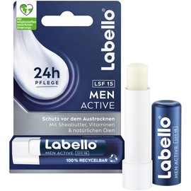 Labello Men Active Lip Balm with SPF 15, Highly Effective Lip Care for Men with Shea Butter, Vitamins and Natural Oils, Lip Balm for 24-Hour Moisture (4.8 g)
