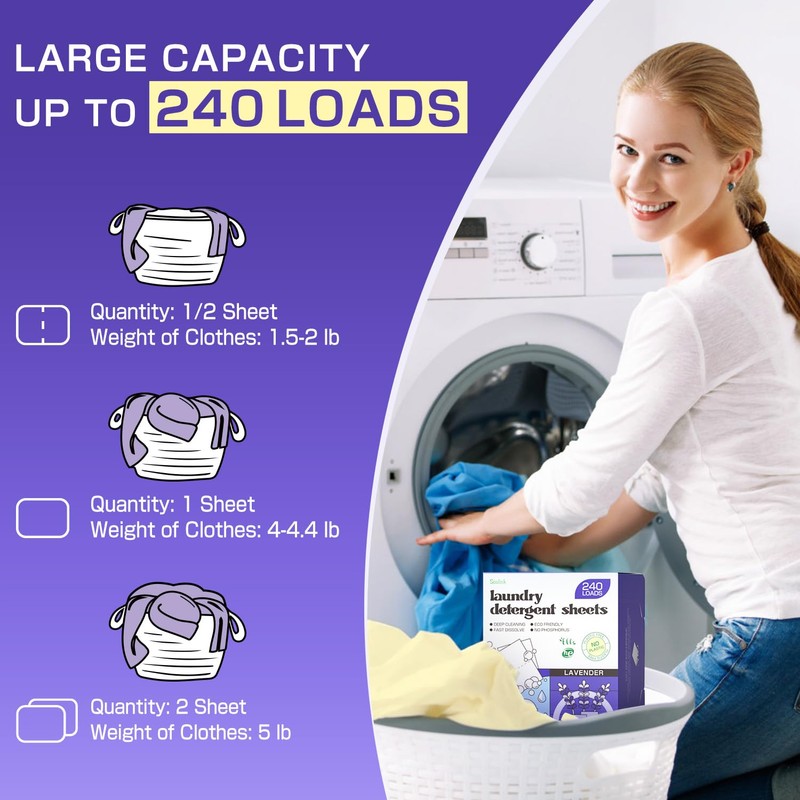 Soulink Lavender Laundry Detergent Sheets, 240 Loads - Eco-Friendly, Plant-Based,