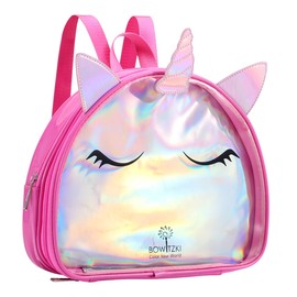 Bowitzki Holographic Unicorn Backpack for Girls - Clear PVC Water-Resistant School Bag - Sparkly Transparent Bookbag for Toddler, Kindergarten, Travel & Gifts (Pink)