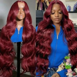 Shipping Now 13x6 Lace Front Wigs Human Hair HD Burgundy Lace Front Wig Human Hair Raw Cuticle Aligned Hair Wig Indian Wigsstyle: Body Wave, color: Burgundy Color, stretched length: 20 Inches, Lace Size: 13x6