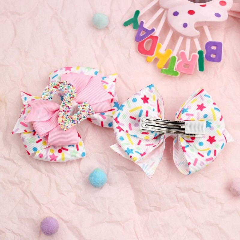 2PCS 2nd Birthday Hair Bows for Girls, 3.5" Glitter Pink