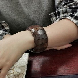 Multi-Colored Wooden Beads Stretch Bracelet Wide Chunky Bangle Bohemian Jewelry Wood Elastic Wristband for Women-Brown