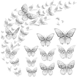 Nelotaor 72 Pcs Butterfly Wall Decor, 3 Styles 3 Sizes 3D Butterfly, Silver Butterfly, Wedding Decorations, Birthday Party Decorations, Girls Bedroom Decoration(72 Pcs, Silver)
